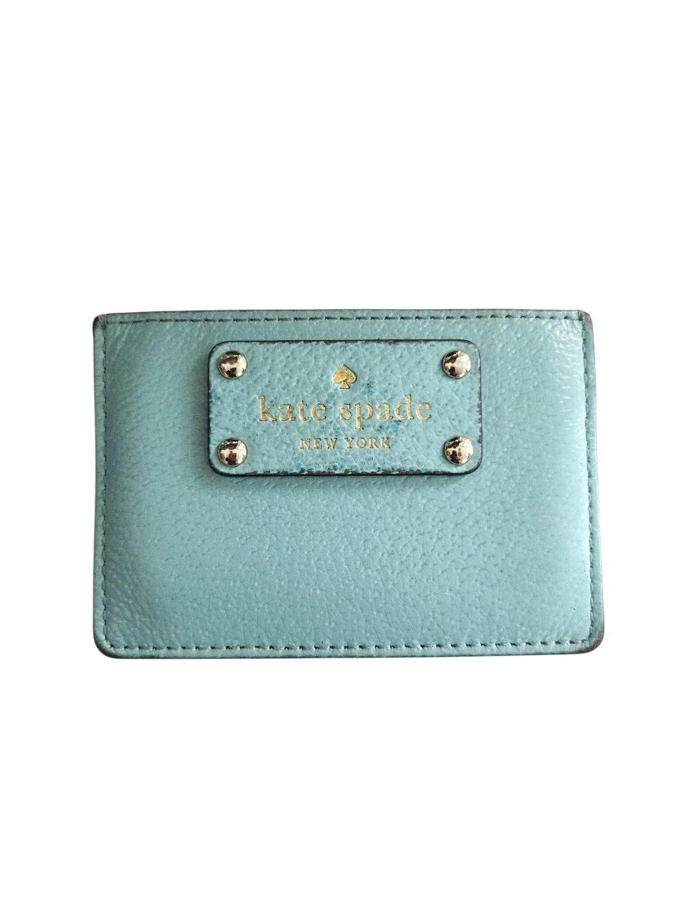 kate spade Aqua Blue Pebbled Leather Card Case with Gold Plaque
